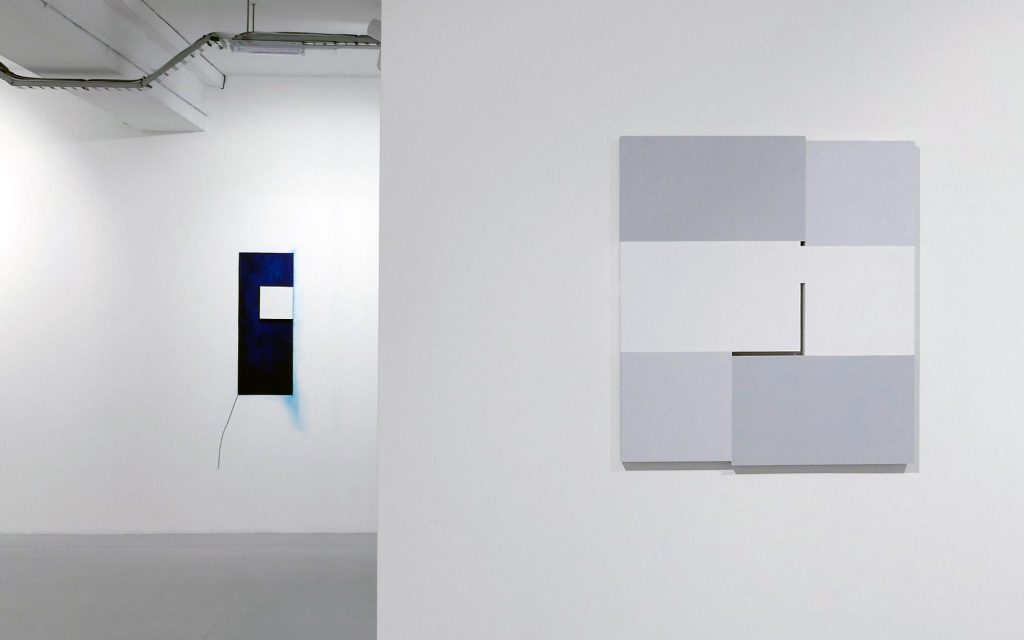 Installation by Della Gooden (left) and Tectonic Plates by John Carter in Hard Painting x2 at Phoenix Art Space, Brighton.